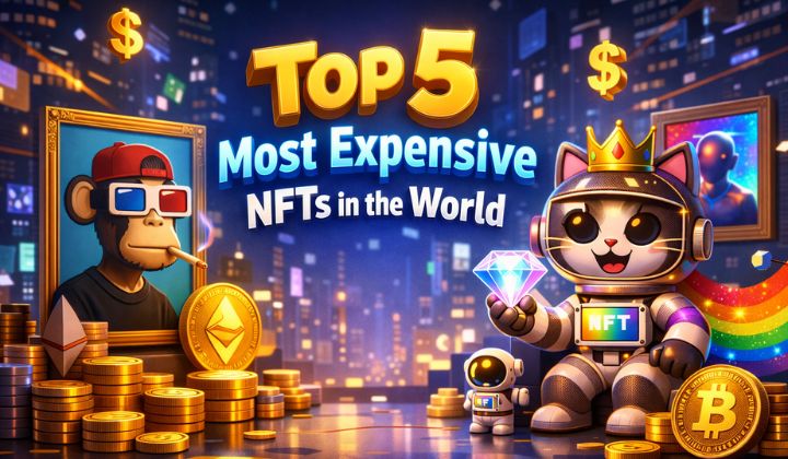 create a 3d- realistic, pixar animated, website banner for the title: Top 5 Most Expensive NFTs in the World