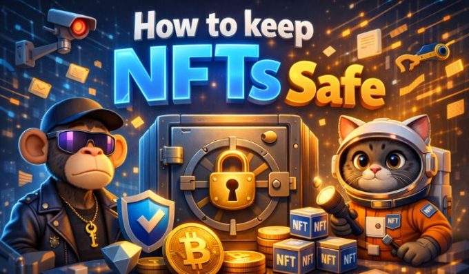 create a 3d- realistic, pixar animated, website banner for the title: How to keep NFTs safe