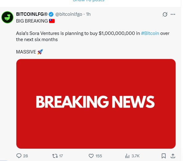 Asia’s Sora Ventures is planning to buy Bitcoin