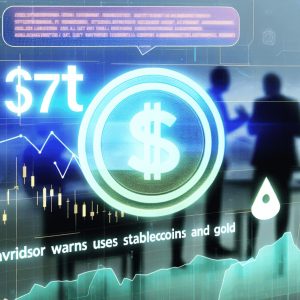 Digital representation of financial markets highlighting $7 trillion value and stablecoin usage.