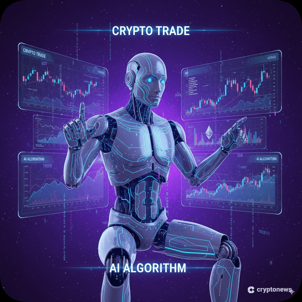 Humanoid robot engaging with cryptocurrency trading data and AI algorithms