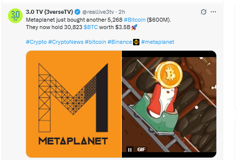 Metaplanet buys another 5,268 Bitcoin worth $600 MILLION. They are now the 4th largest corporate holder of Bitcoin! Metaplanet buys another 5,268 Bitcoin worth $600 MILLION. They are now the 4th largest corporate holder of Bitcoin! 