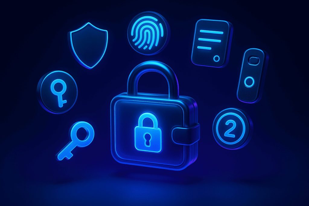 Digital security concepts represented through neon icons.