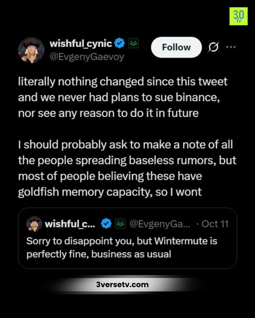 Wintermute CEO Evgeny Gaevoy Denies Binance $BNB lawsuit rumors!!