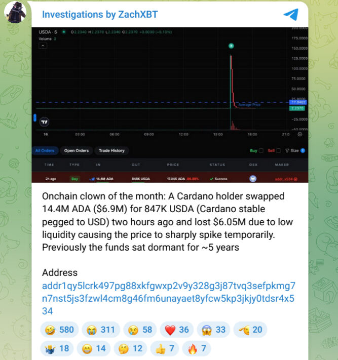 Five-Year Cardano Investor Suffers Multi-Million Loss After Illiquid Pool Trade