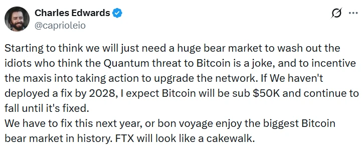 No Quantum Fix by 2028? Capriole Founder Warns Bitcoin Could Drop Below $50K Without Quantum Upgrade by 2028?