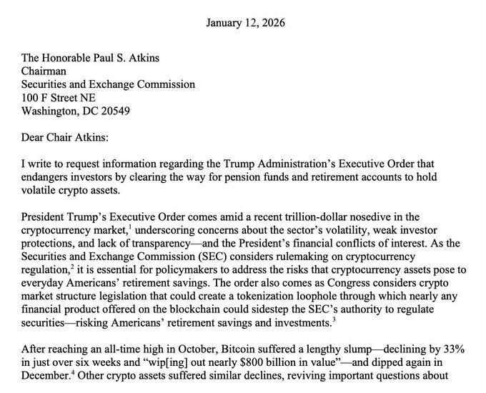 Elizabeth Warren Warns Americans Will “Lose Big” if Bitcoin Enters 401(k) Retirement Plans