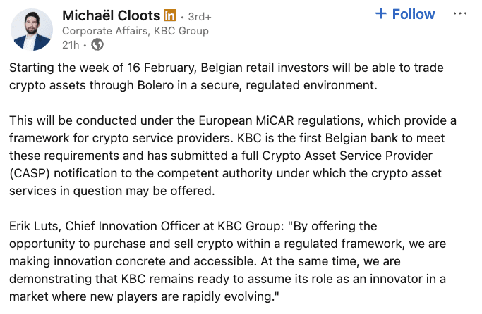 Belgium’s KBC Bank Enters Digital Assets Trading Market