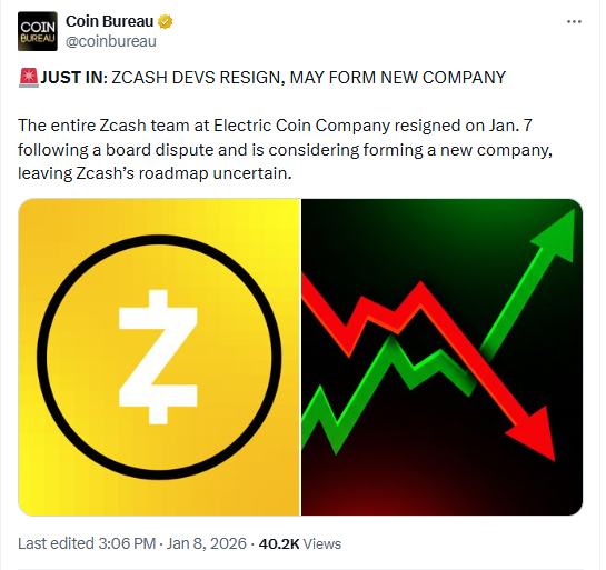 Zcash Faces Leadership Vacuum After Full Developer Resignation on Jan. 7