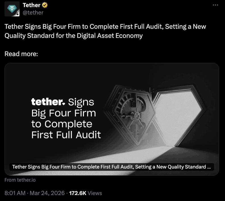 Tether Taps 'Big Four' Firm For First USDT Reserves Audit
