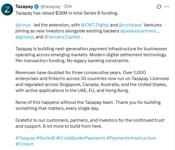 Tazapay Raises $36M To Expand Stablecoin Payment Infrastructure