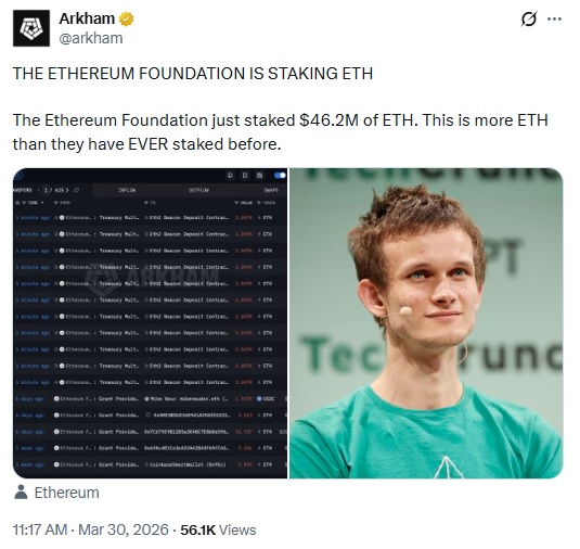 Ethereum Foundation Shifts Strategy, Stakes $46M Worth Of ETH