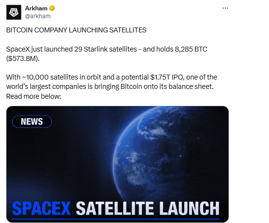 SpaceX Launches 29 Starlinks As $573M Bitcoin Treasury Nears IPO