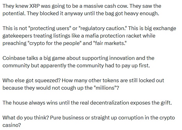 Coinbase Accused of XRP Pay To Play Listing Scheme