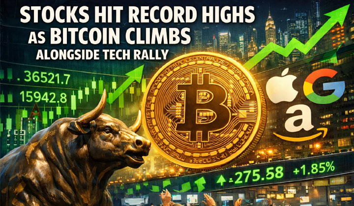Stocks Hit Record Highs As Bitcoin Climbs Alongside Tech Rally