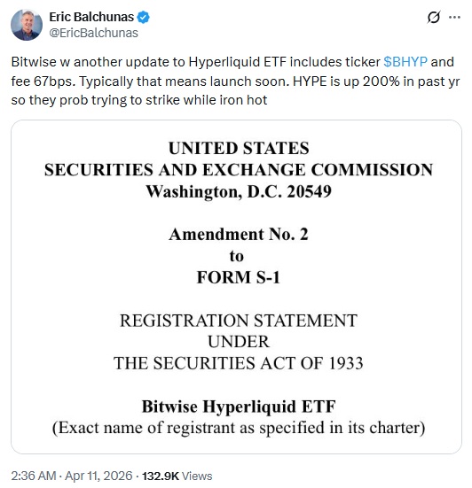 Bitwise Moves Closer To Hyperliquid ETF Launch With Updated Filing