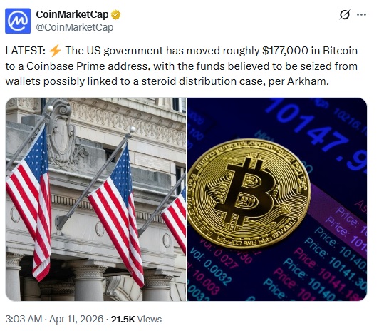 U.S. Government Transfers Seized Bitcoin To Coinbase Prime Wallet