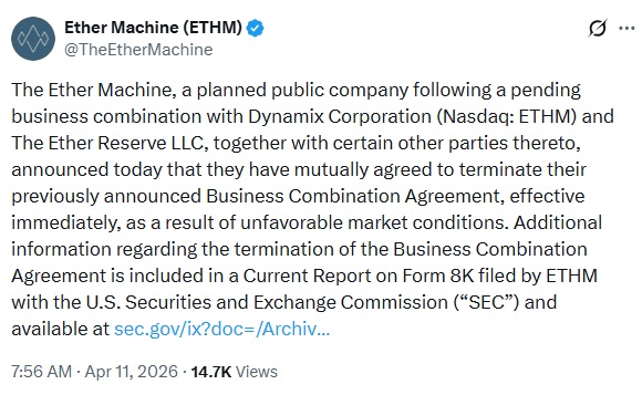 $1.6B Ether Machine SPAC Deal Falls Apart Amid Market Weakness