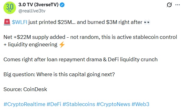WLFI Mints $25M Stablecoins, Net Supply Up $22M Amid Loan Controversy