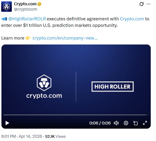 Crypto.com Enters Prediction Markets With High Roller Partnership