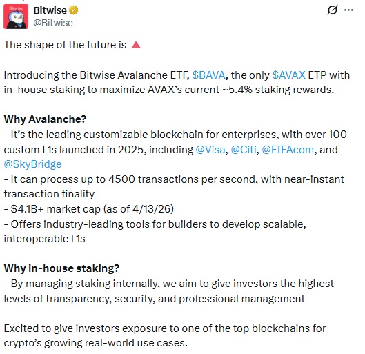 Bitwise Launches Avalanche ETP With Built-in Yield Feature