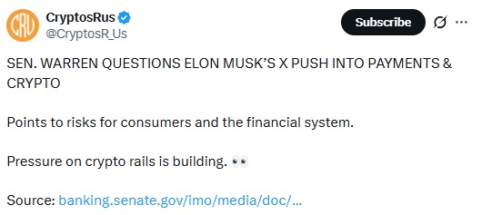 Elizabeth Warren Questions Elon Musk Over X Money Plans