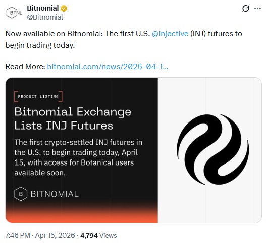 Bitnomial Brings Injective Futures To US, Opening Door For ETF Prospects
