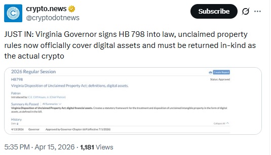 Virginia Updates Law To Protect Unclaimed Crypto Assets
