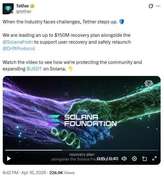 Tether Steps In With $150M Plan To Support Drift Protocol Recovery