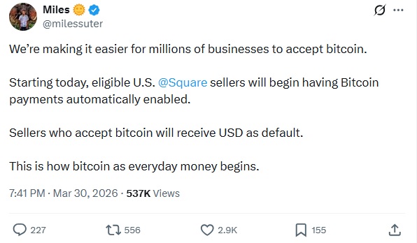 Jack Dorsey’s Square Auto-enables Bitcoin Payments For Millions Of U.S. Businesses