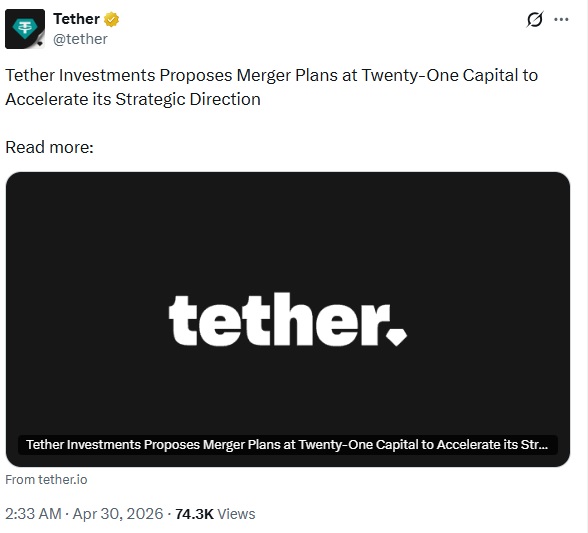 Tether Confirms 140K Bitcoin Holdings, Plans Merger With Twenty One Capital