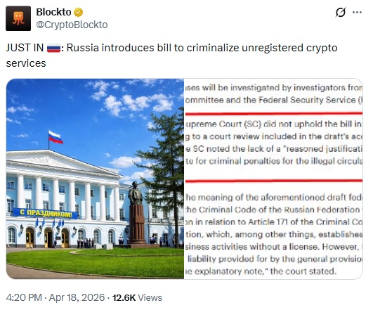 Russia Proposes Strict Penalties For Unregistered Crypto Operations