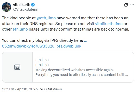 Vitalik Buterin Flags Urgent DNS Attack On Eth.limo