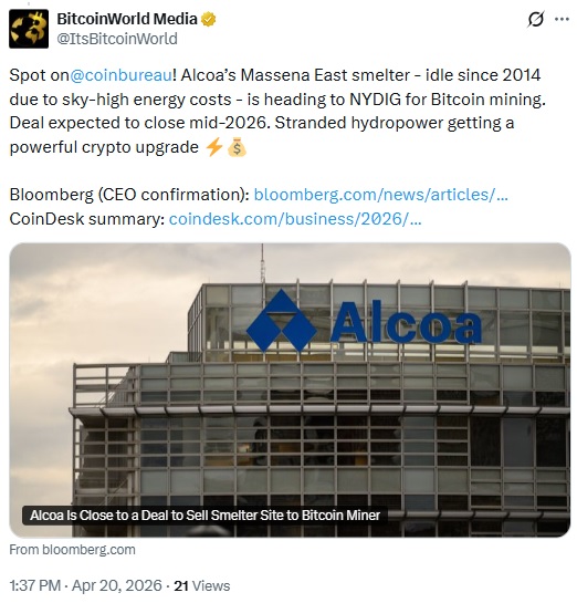 Alcoa Plans To Sell Idle Smelter To Bitcoin Miner NYDIG