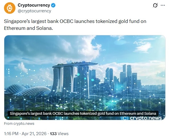 OCBC Bank Launches Tokenized Gold Fund On Ethereum & Solana