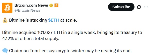 Bitmine Buys 101,627 ETH, Holdings Near 5M Ether