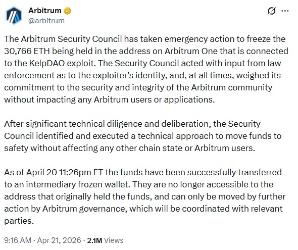 Arbitrum Freezes $71M Linked To Kelp DAO Hack