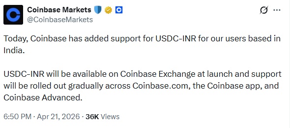Coinbase Expands India Push With USDC-INR Trading Pair