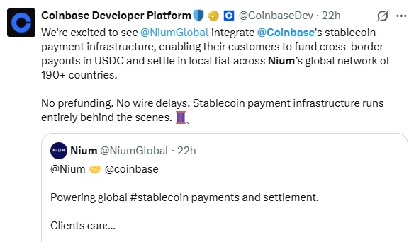 Nium Partners With Coinbase To Power Global USDC Payments