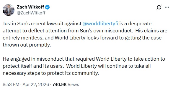 World Liberty Pushes Back As Justin Sun Files $1B Token Dispute