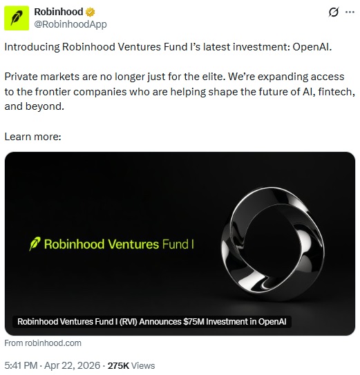 Robinhood Bets On Tokenized Private Equity With OpenAI Stake
