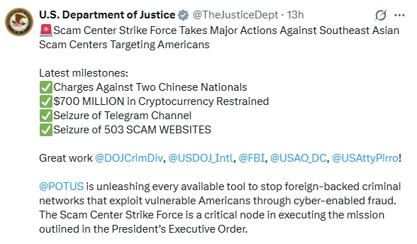 US Freezes $701M In Crypto Linked To Scam Networks