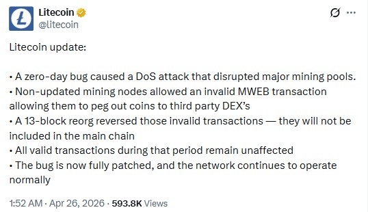 Litecoin Patches Vulnerability After 13-Block Chain Disruption
