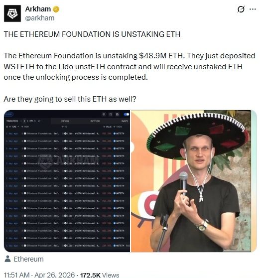 Ethereum Foundation Unstakes $40M Worth Of ETH