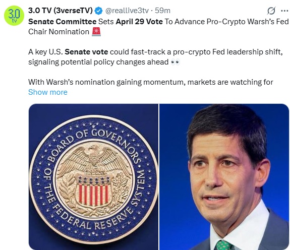 Senate Committee Sets April 29 Vote To Advance Pro-crypto Warsh's Fed Chair Nomination