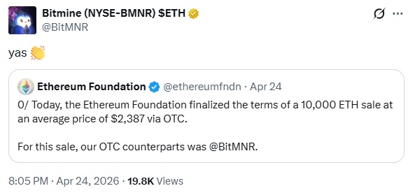 Bitmine To Buy 10,000 Ether For $23.9M From The Ethereum Foundation