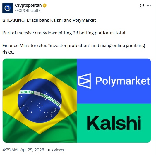 Brazil Blocks Polymarket, 20+ Platforms Over Gambling Violations
