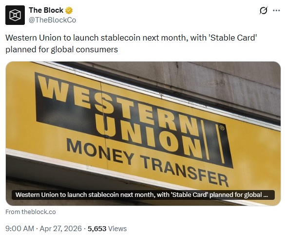 Western Union Eyes May Rollout For Its USDPT Stablecoin
