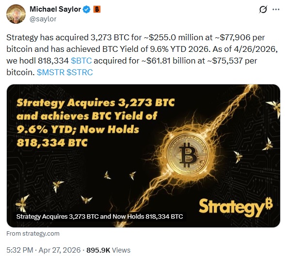 Michael Saylor's Strategy Buys 3,273 Bitcoin As It Inches Closer To Its 1M Target
