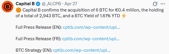 Capital B Expands Bitcoin Holdings To 2,943 BTC After €0.4M Purchase